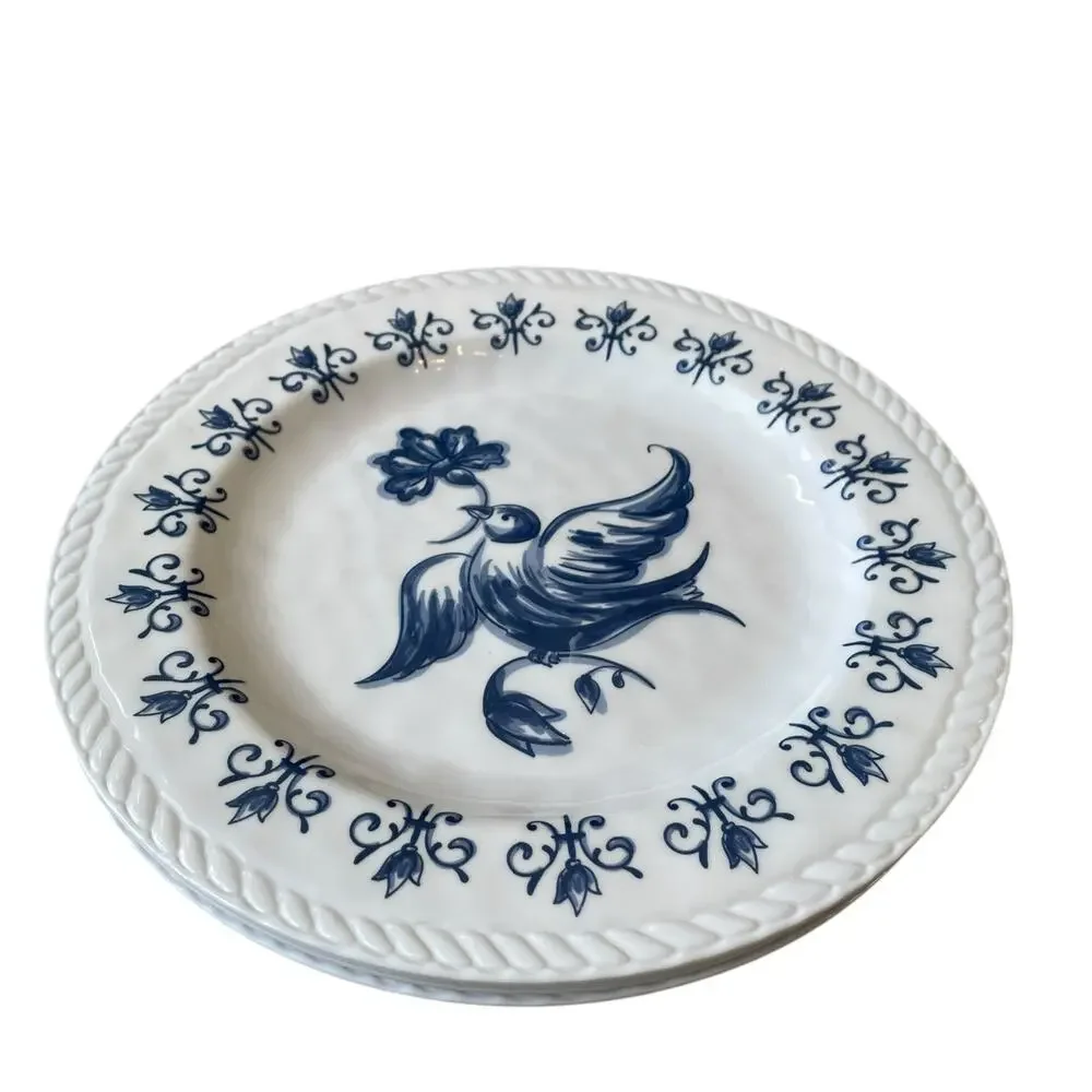 TAHARI Dove Bird of Peace Melamine Dinner Plates 11in  Set of 4 Blue & White NEW